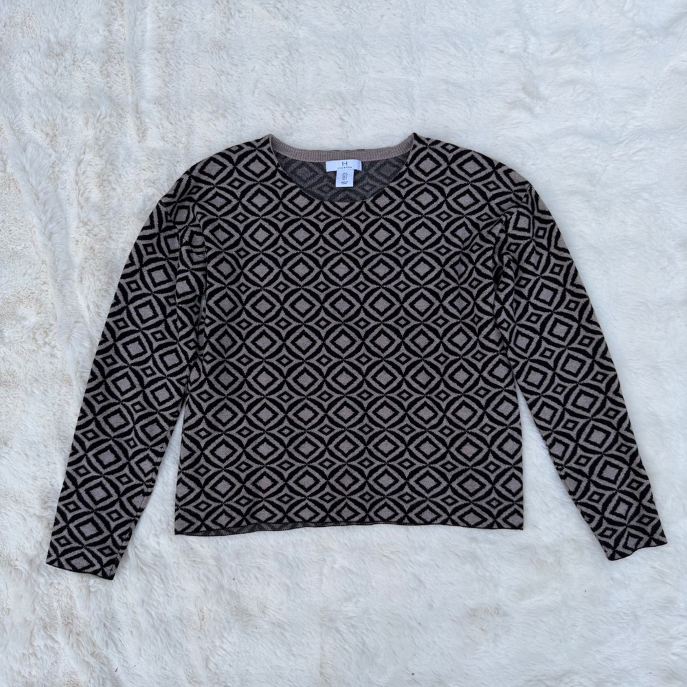 Halston Womens V-Neck Sweater Taupe Black Geometric Diamond Knit Top Small